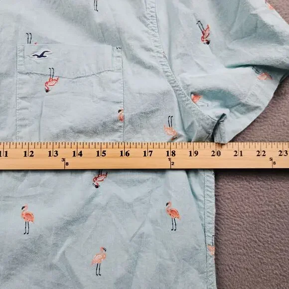 Hollister Flamingo Button Up Shirt Mens M Short Sleeve Blue Preppy Stretch - Picture 4 of 7